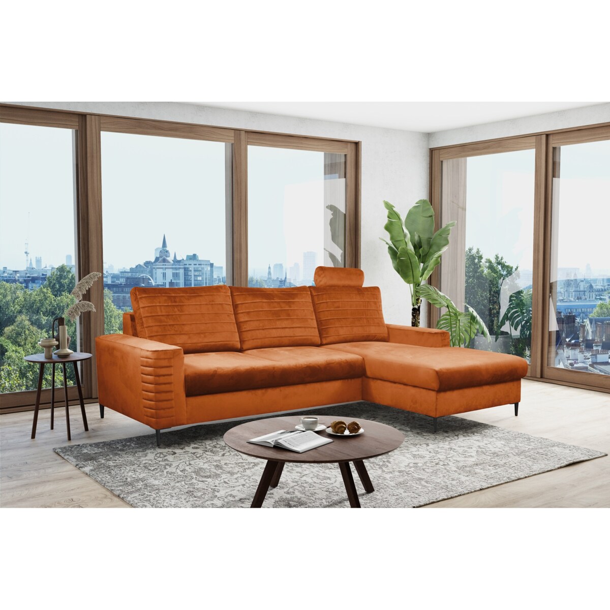 Narożnik rozkładany z zagłówkiem i pojemnikiem OLI, prawostronny, rdzawy