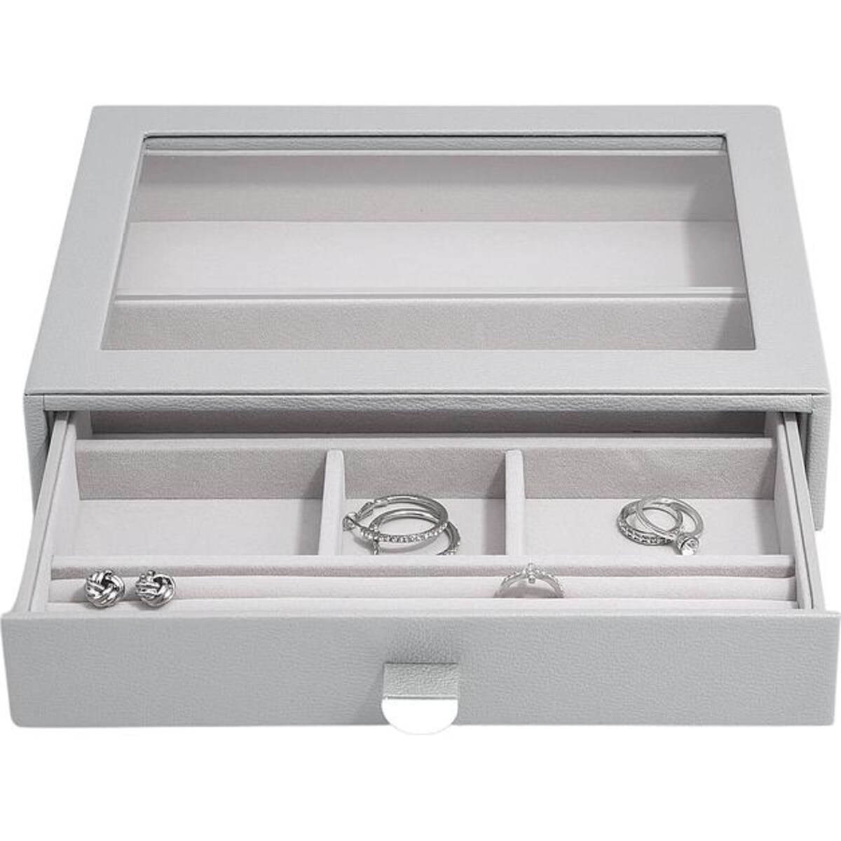 Szkatułka na biżuterię Stackers Pebble 6 komorowa classic kamienna szarość z szufladą i szklaną pokrywką