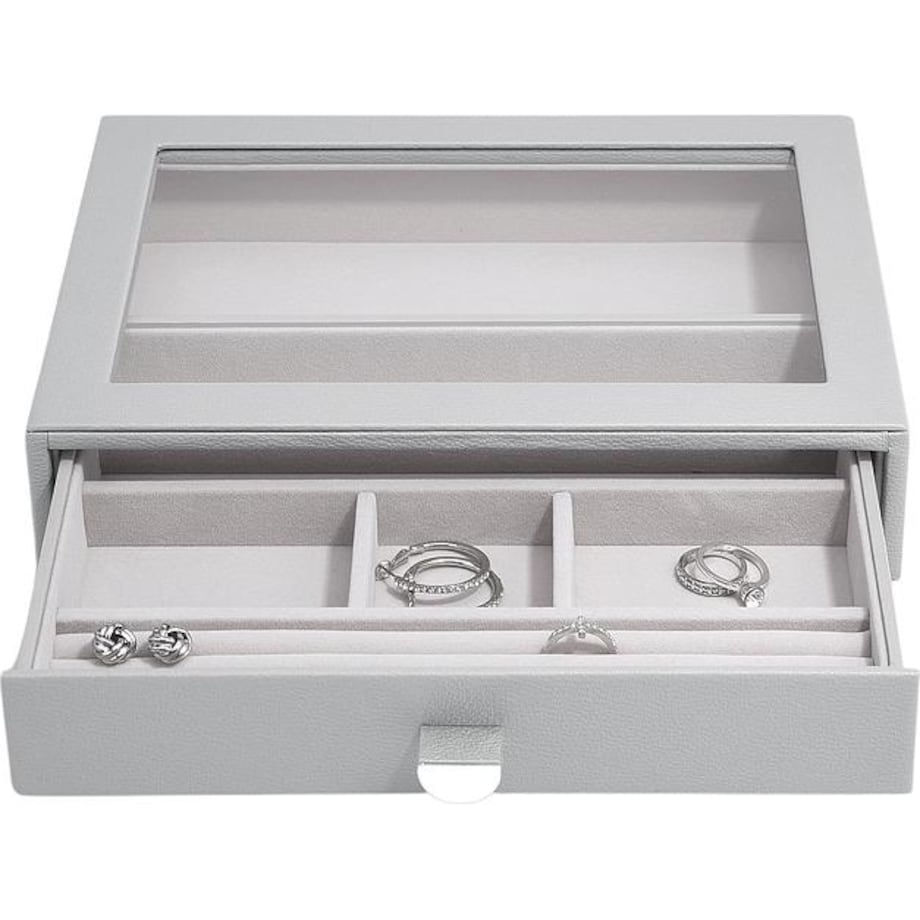 Szkatułka na biżuterię Stackers Pebble 6 komorowa classic kamienna szarość z szufladą i szklaną pokrywką