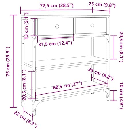 vidaXL Stolik konsolowy, dąb sonoma, 72,5x25x75 cm