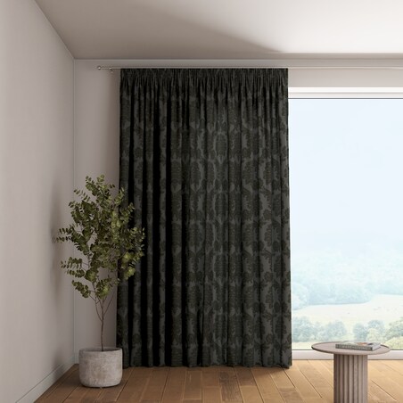 Zasłona na taśmie marszczącej 1 szt. 130x260 czarne liście akantu na grafitowym tle