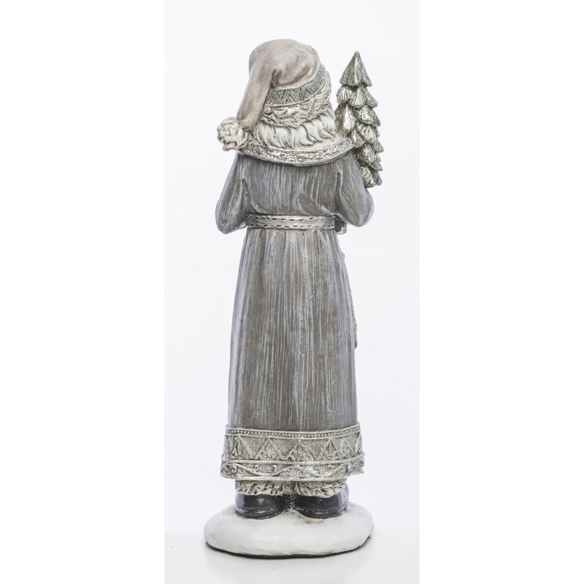 Mikołaj w płaszczu obszytym białym futrem ze srebrną choinką i brązową skarpetą na prezenty 22,5x8,5x7 cm