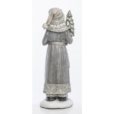 Mikołaj w płaszczu obszytym białym futrem ze srebrną choinką i brązową skarpetą na prezenty 22,5x8,5x7 cm