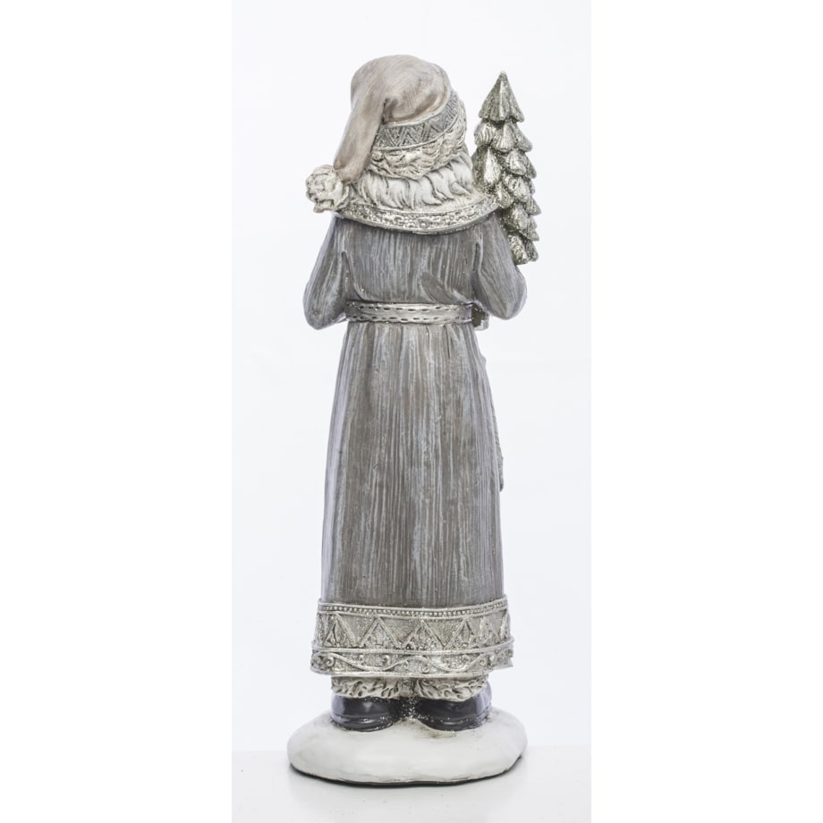 Mikołaj w płaszczu obszytym białym futrem ze srebrną choinką i brązową skarpetą na prezenty 22,5x8,5x7 cm