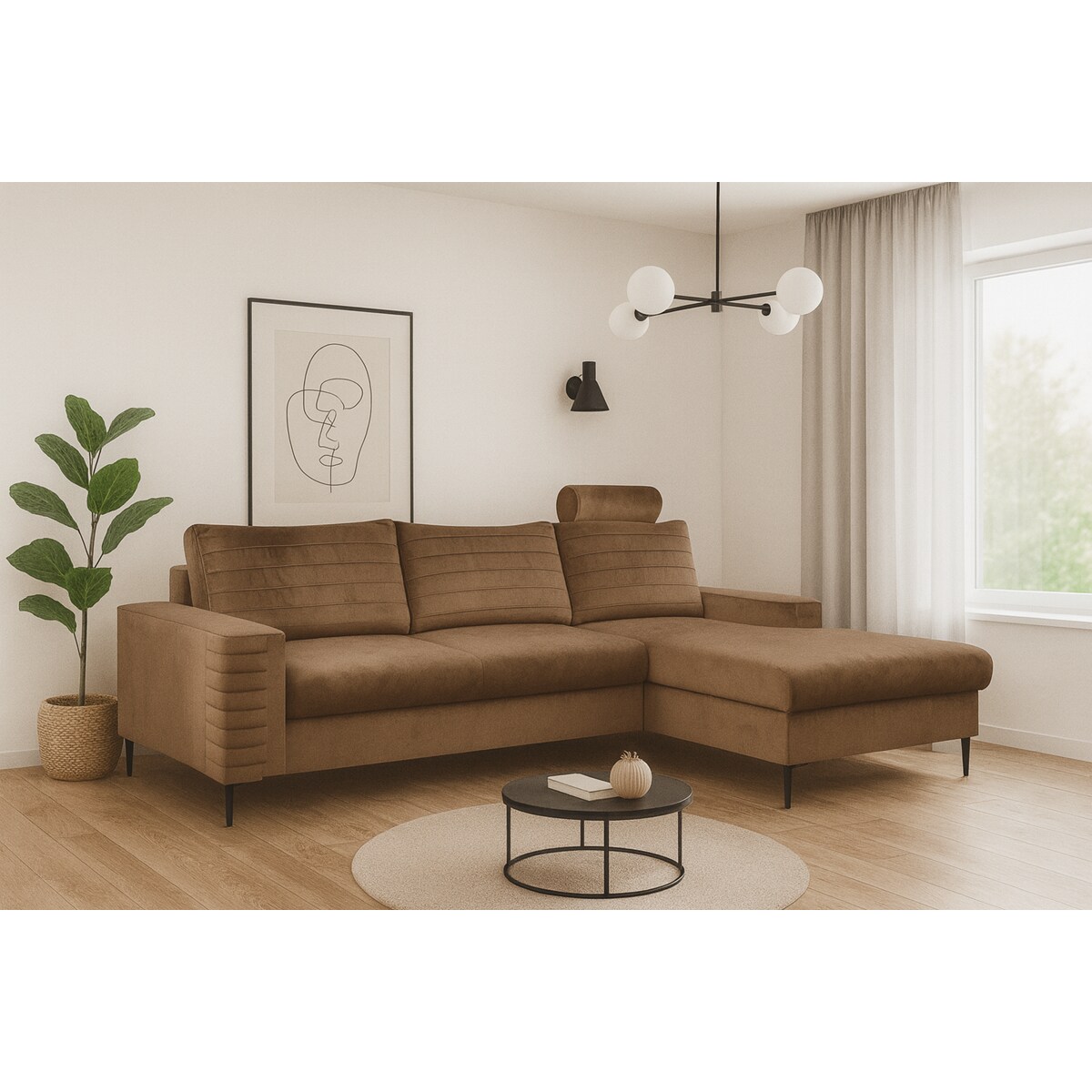 Narożnik rozkładany z zagłówkiem i pojemnikiem OLI, prawostronny, brązowy