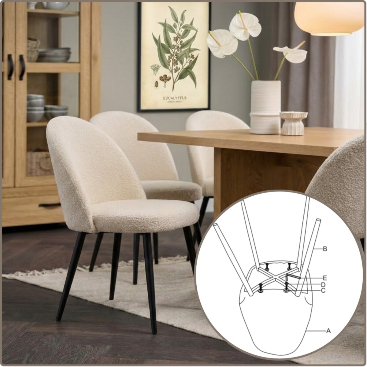 Krzesło tapicerowane boucle do salonu jadalni nowoczesne wygodne stylowe beżowe ecru