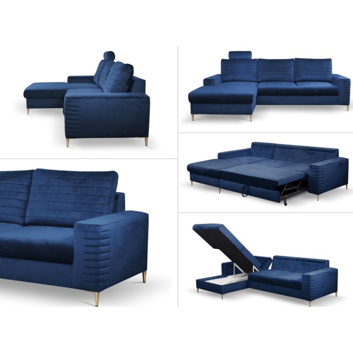 Narożnik rozkładany z zagłówkiem i pojemnikiem OLI, lewostronny, granatowy