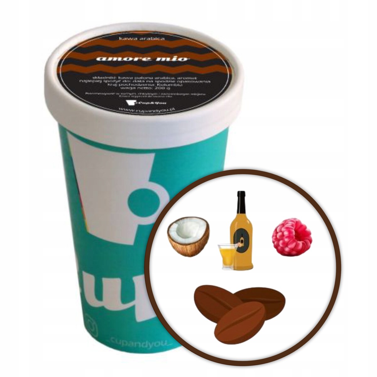 Kawa aromatyzowana o smaku AMORE MIO ziarnista ARABICA Cup&You 200g premium - kawa smakowa deserowa
