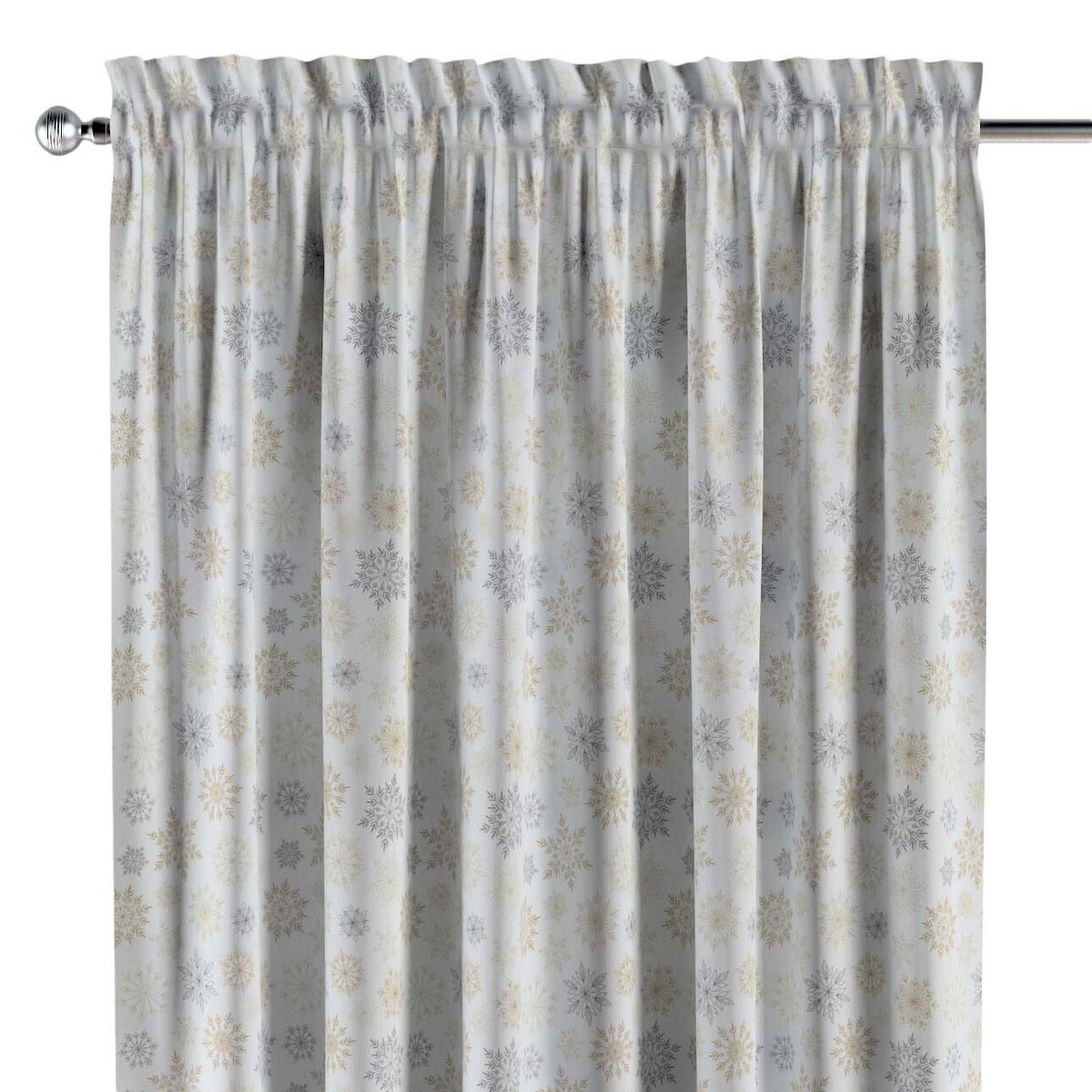 Zasłona na kanale z grzywką 1 szt. 130x245 złote, srebrne gwiazdy na białym tle