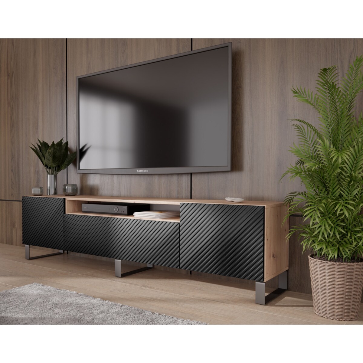 Szafka RTV NIKOL na metalowych nogach, frezowane fronty-czarna+artisan