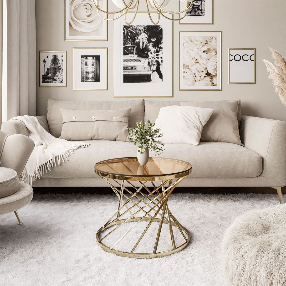 Stolik kawowy TAVIA złoty chrom szklany 50 cm