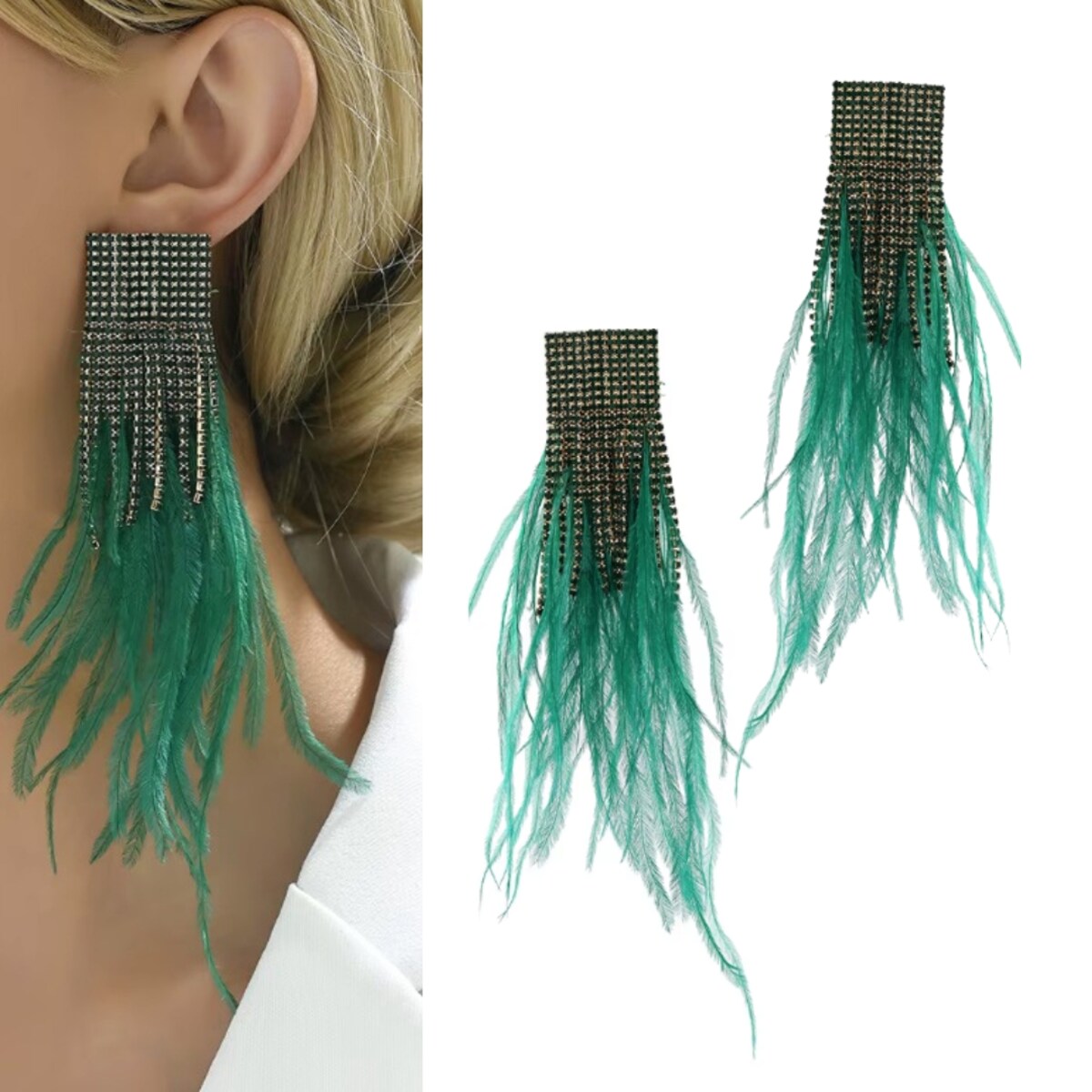 Wiszące kolczyki zielone z piórami cyrkoniami efektowna biżuteria PIÓRKA