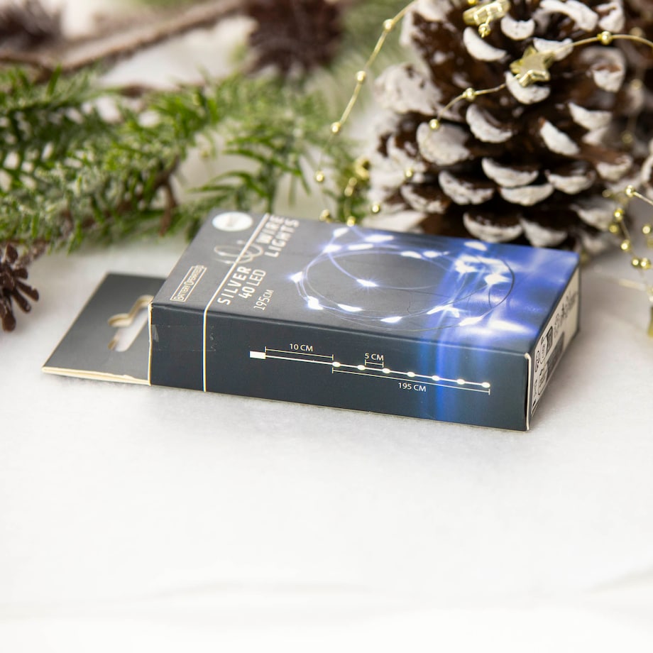 Lampki Druciki 40 Led Na Baterie Boże Narodzenie Zimna Biel 195 Cm