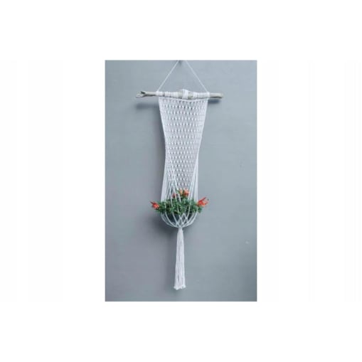 DŁUGI POJEDYNCZY KWIETNIK MAKRAMA Z DREWNEM KREMOWY