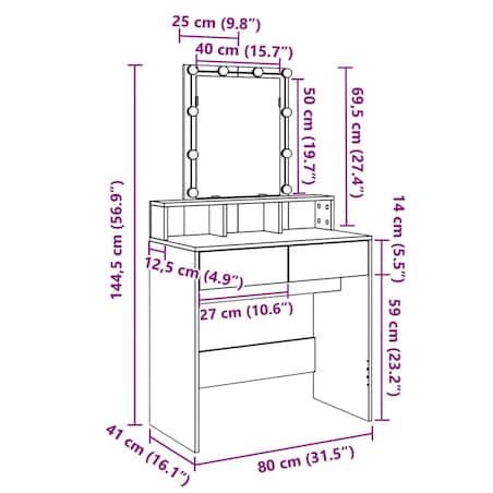 vidaXL Toaletka z LED, biała, 80x41x144,5 cm