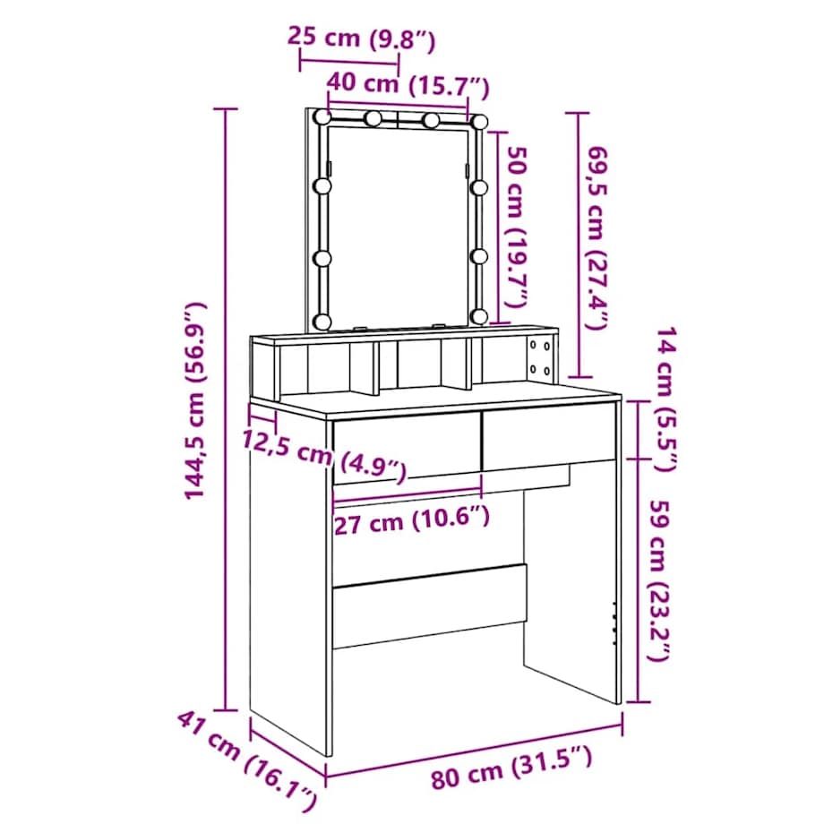 vidaXL Toaletka z LED, biała, 80x41x144,5 cm
