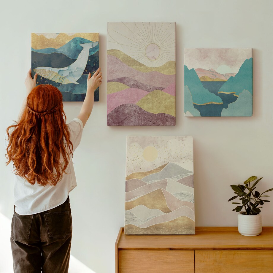 Zestaw 4 obrazów na płótnie - Abstrakcyjne góry słońce - turkusowy