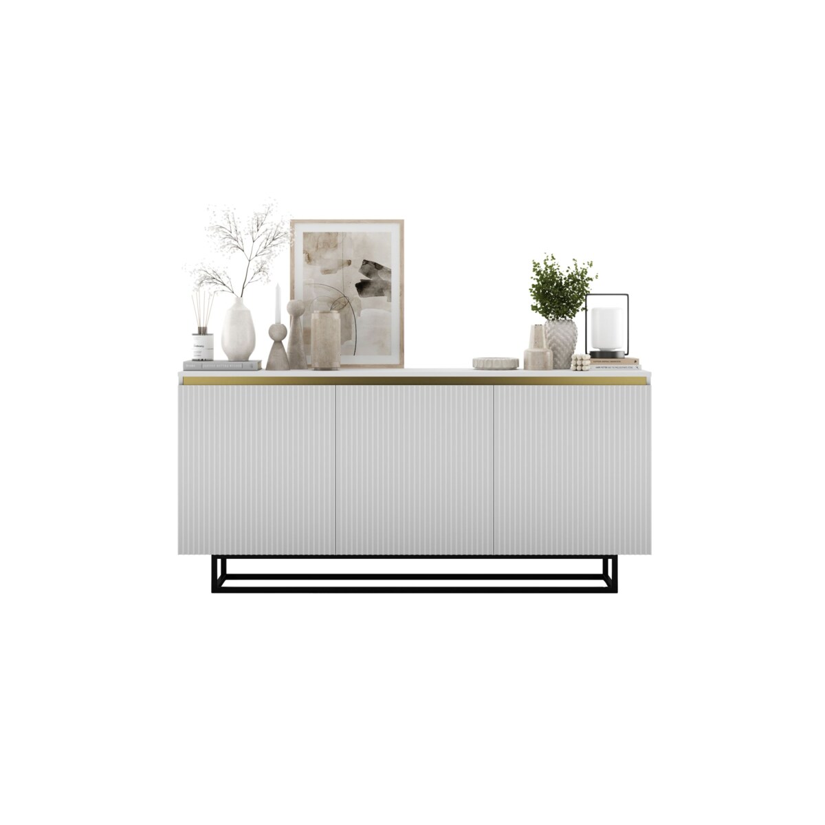 Komoda Glamour Szafka RTV Biały MAT ryflowane fronty czarny stelaż 166,8 cm