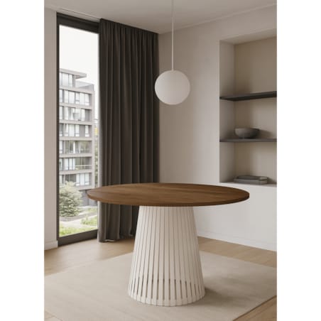 Stół VIV okrągły z lamelami, blat 90 cm dąb lefkas- podstawa kaszmir