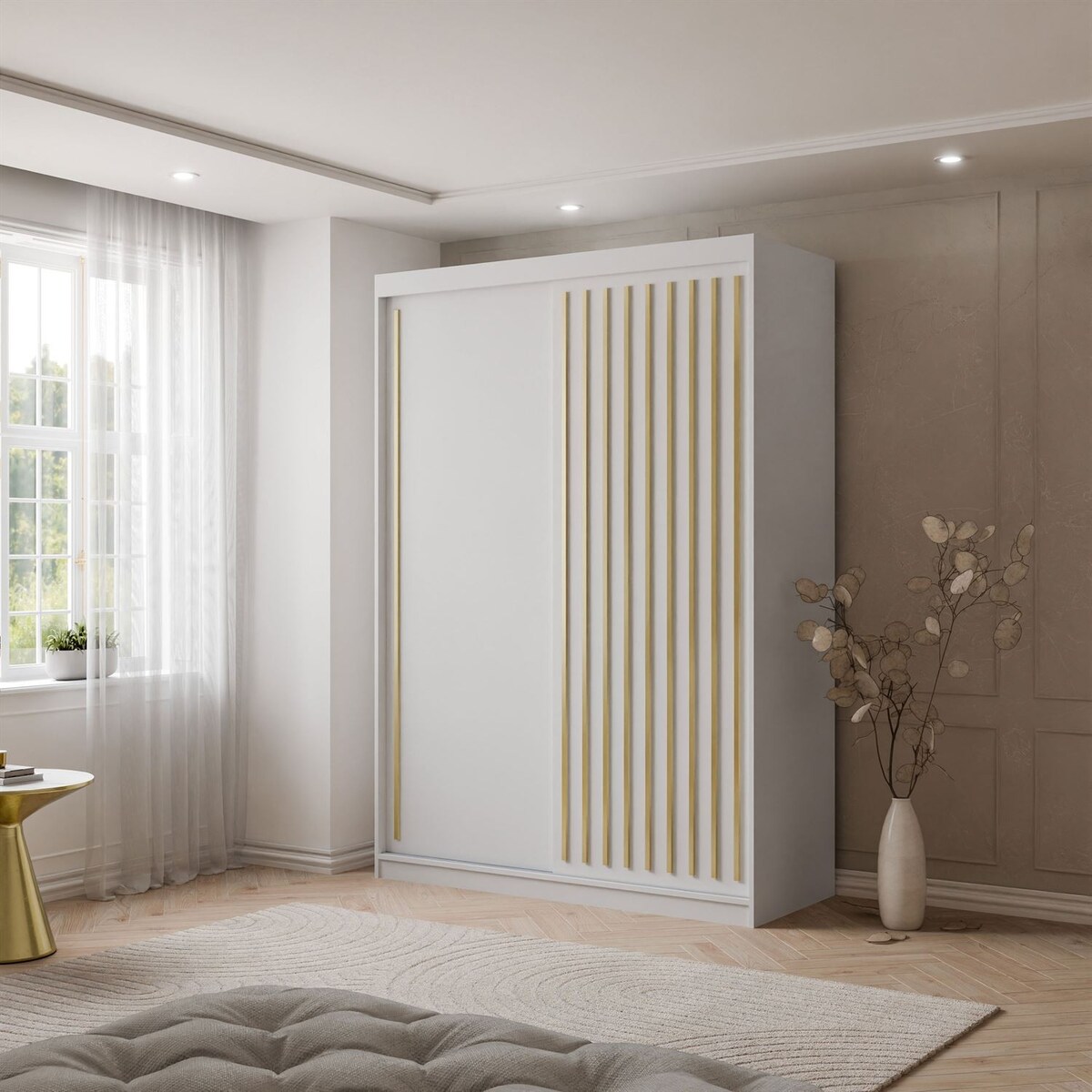 Szafa przesuwna AURIS 150 cm ze złotymi listwami, biała