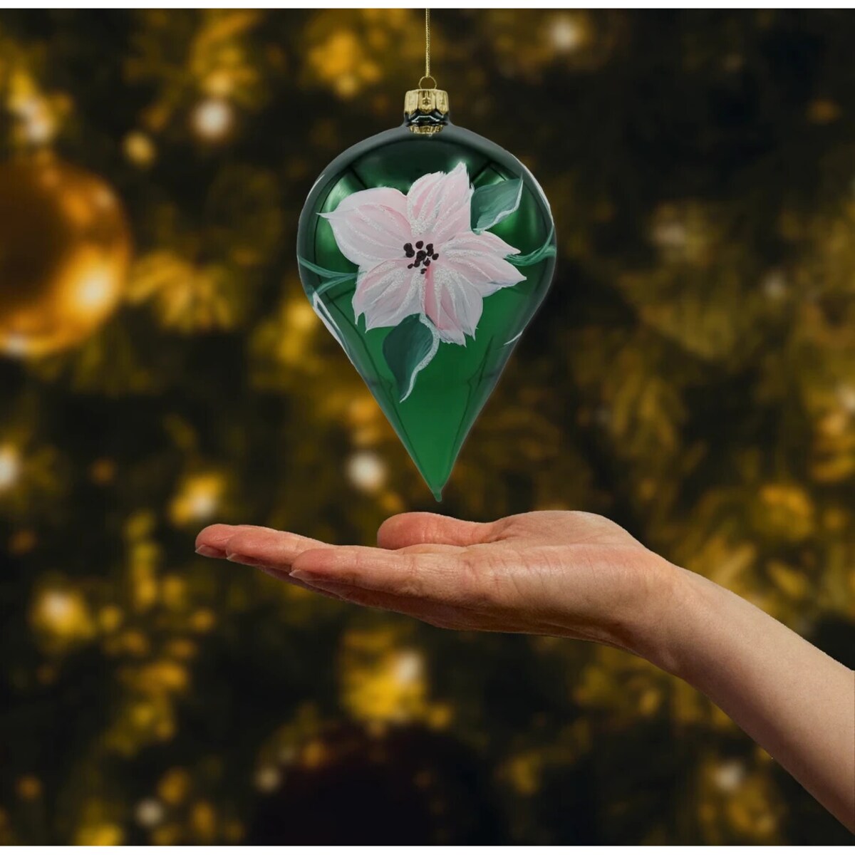 Bombka choinkowa: Zielona łezka z kwiatami