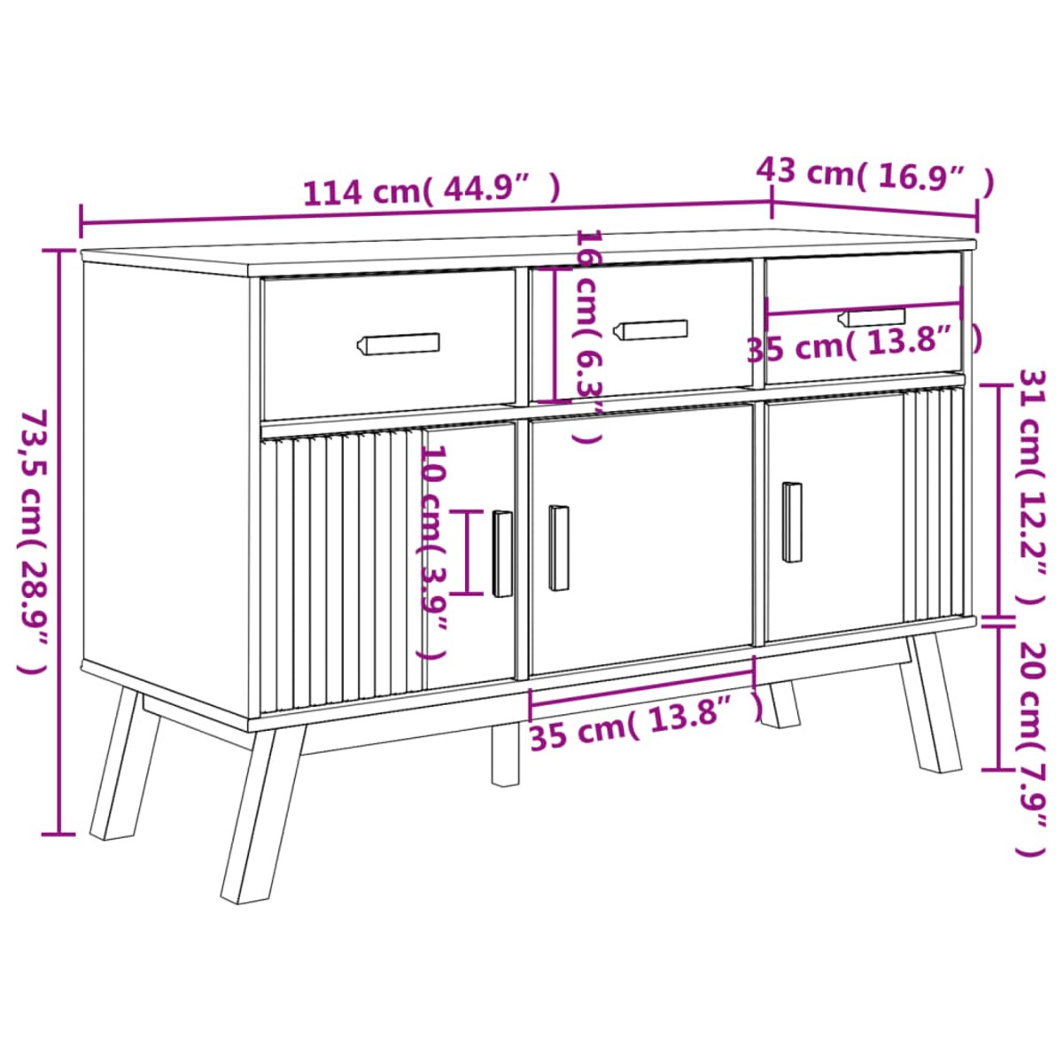 vidaXL Komoda OLDEN, brązowa, 114x43x73,5 cm, lite drewno sosnowe