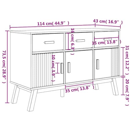 vidaXL Komoda OLDEN, brązowa, 114x43x73,5 cm, lite drewno sosnowe