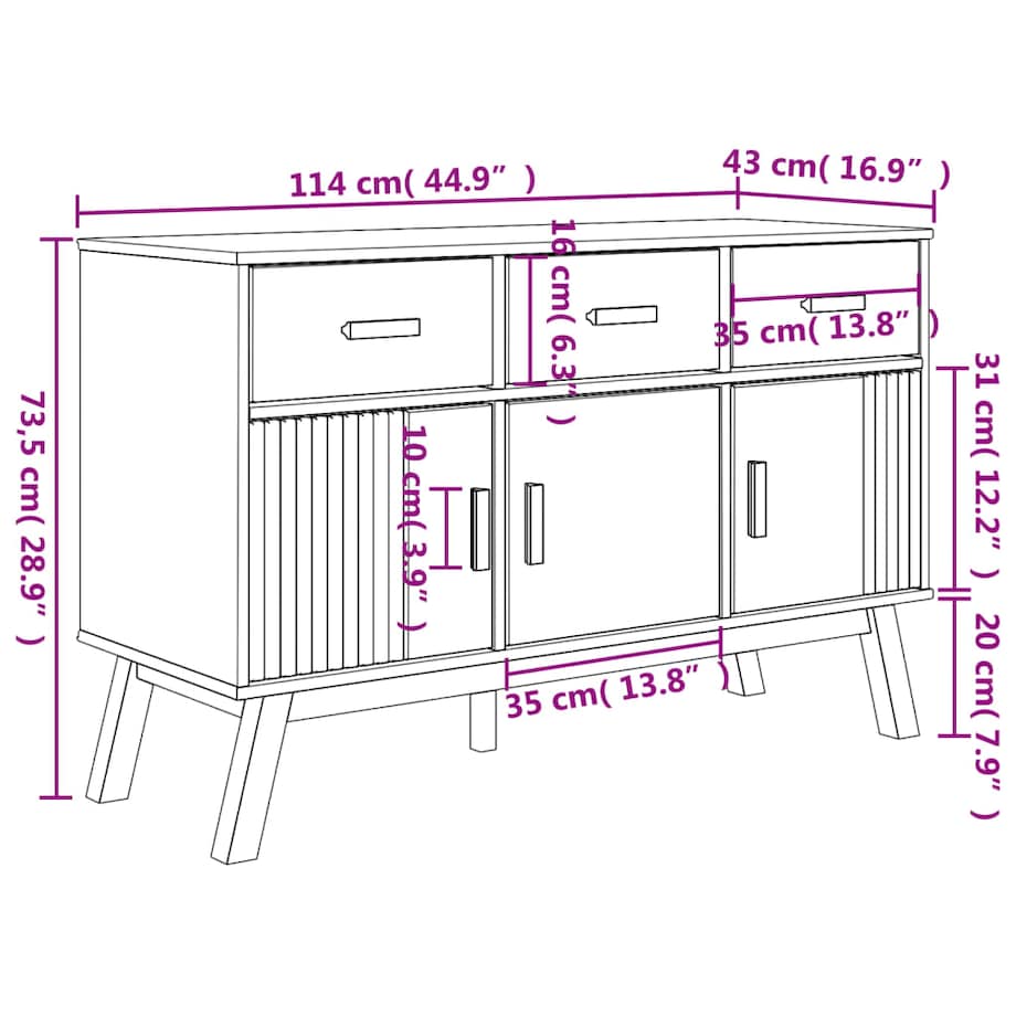 vidaXL Komoda OLDEN, brązowa, 114x43x73,5 cm, lite drewno sosnowe