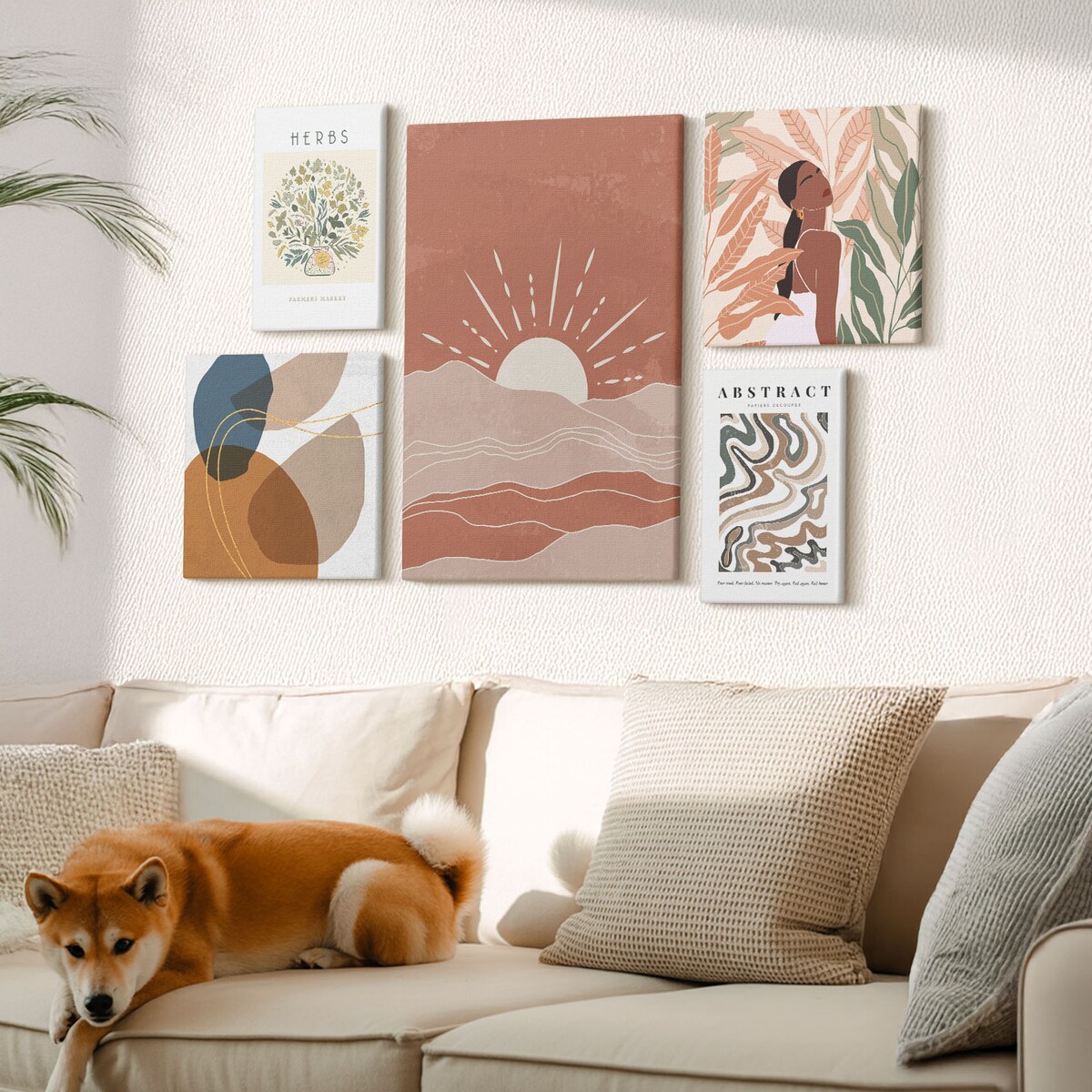 Zestaw 5 obrazów na płótnie - Styl boho roślinne motywy abstrakcyjne - brązowy