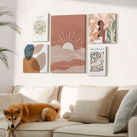 Zestaw 5 obrazów na płótnie - Styl boho roślinne motywy abstrakcyjne - brązowy