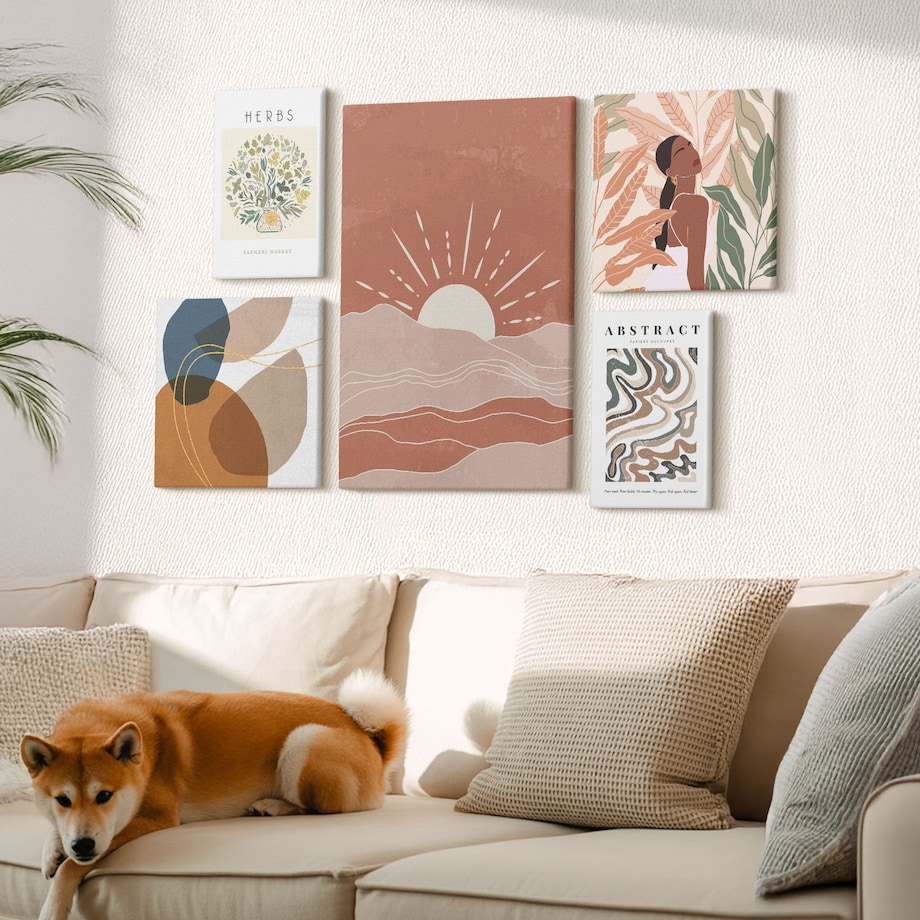 Zestaw 5 obrazów na płótnie - Styl boho roślinne motywy abstrakcyjne - brązowy