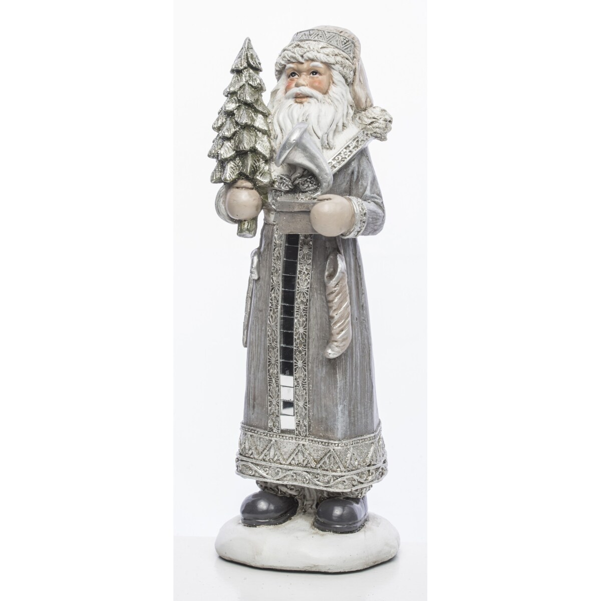 Mikołaj w płaszczu obszytym białym futrem ze srebrną choinką i brązową skarpetą na prezenty 22,5x8,5x7 cm