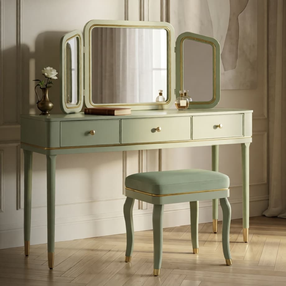 Toaletka Camille Dressin, zestaw 3 szt., 120 x 37 x 79 cm, konsola do makijażu, zielony, złoty, Mauro Ferretti