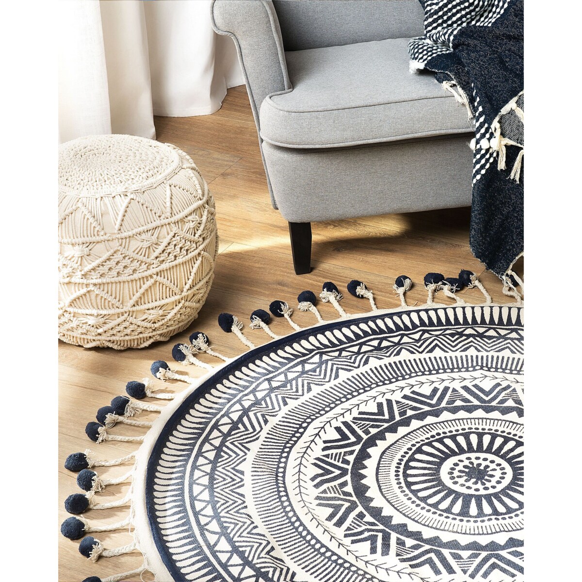 Dywan okrągły bawełniany ø 120 cm kremowo-granatowy TATVAN