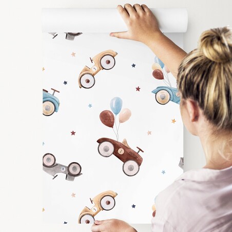 Tapeta Dziecięca Retro SAMOCHODY Baloniki Gwiazdki