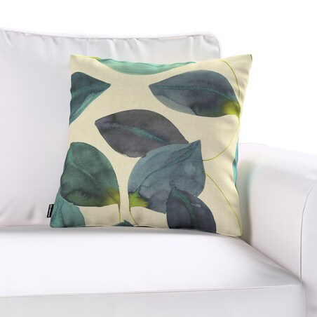 Poszewka Kinga na poduszkę 50x50 liście w kolorze szmaragdowej zieleni z fioletem na lnianym tle