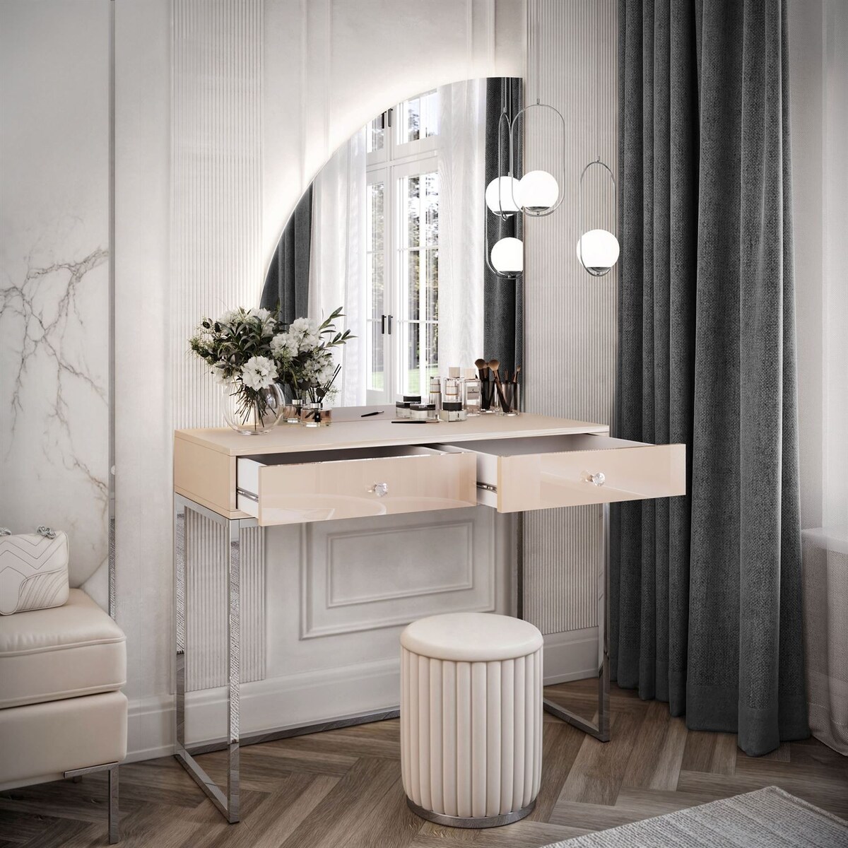 Toaletka kosmetyczna QUINNIE KASZMIR z lustrem LED chrom, lewa, uchwyt biały kryształ