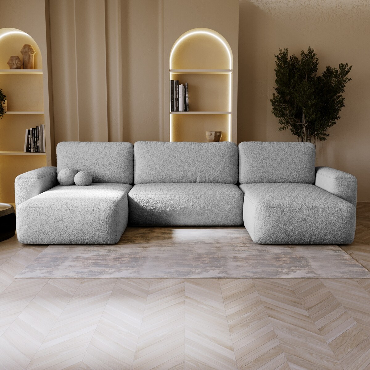 Narożnik U ILO z pojemnikiem na pościel i funkcja spania, jasno-szary