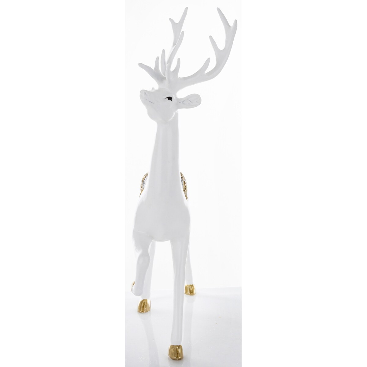 Figurka - spacer białego jelenia 46x28x14 cm BOLLERO-3 z czaprakiem w szachownicę