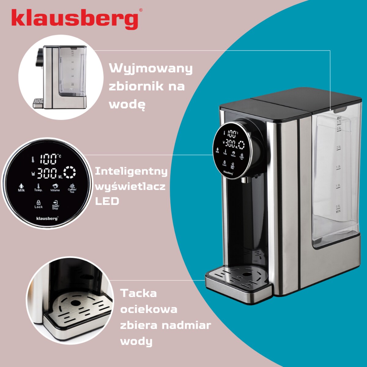 Dozownik dystrybutor podgrzewacz do gorącej wody 2.7L z regulacją temperatury KLAUSBERG