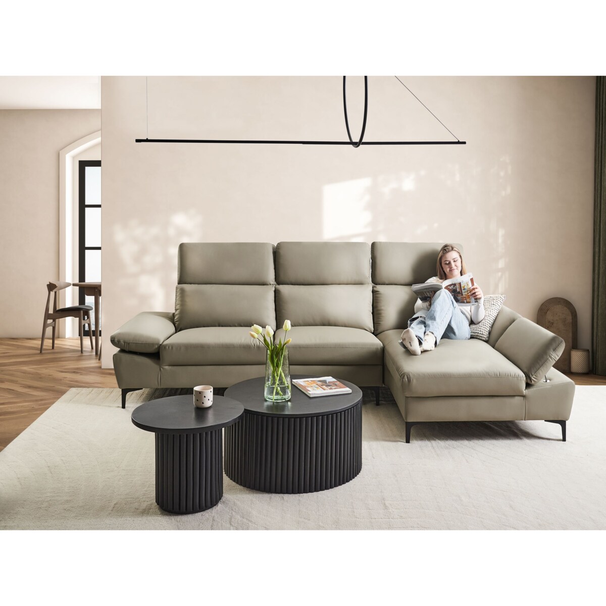 Narożnik FARILA Skóra naturalna Beżowoszary Regulowana dla 4 osób Lewostronny