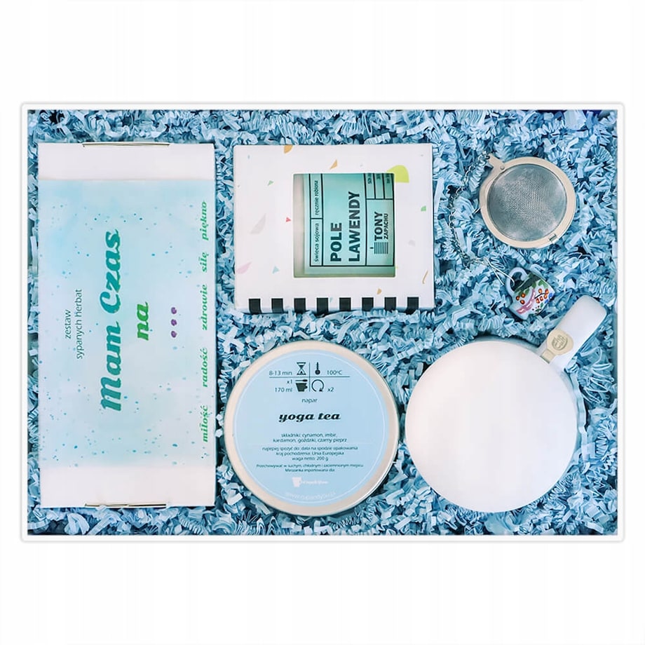 Elegancki BOX prezentowy zestaw herbat smakowych kubek z zaparzaczem YOGA