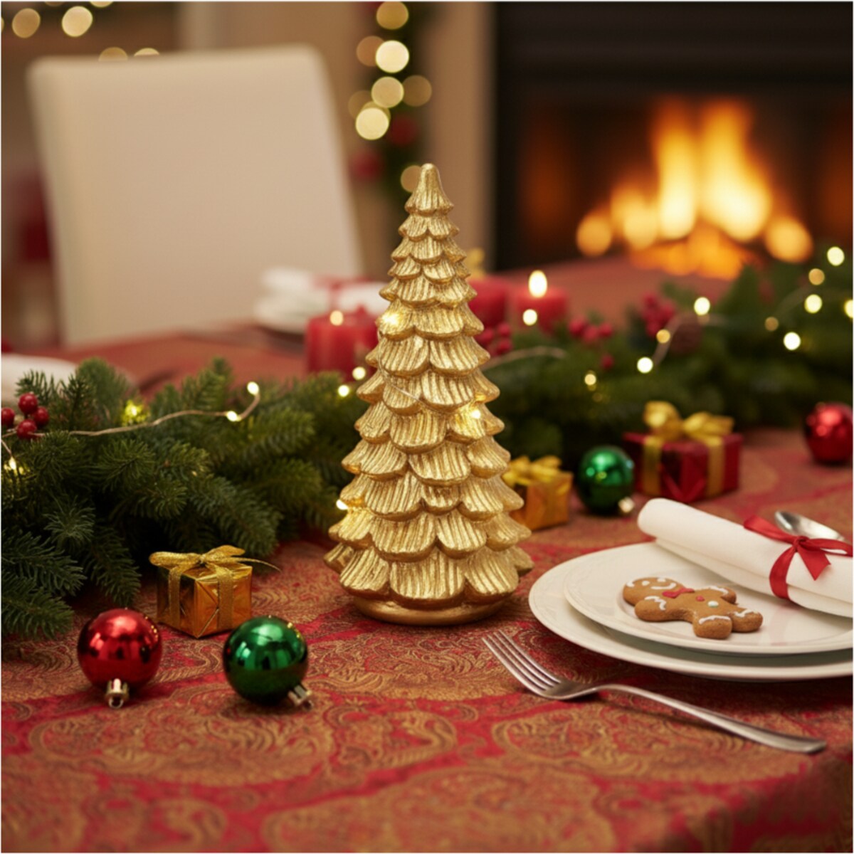 Choinka Led Złota Świecąca Figurka 15,5 Cm Ozdobna Dekoracja Świąteczna Na Baterie