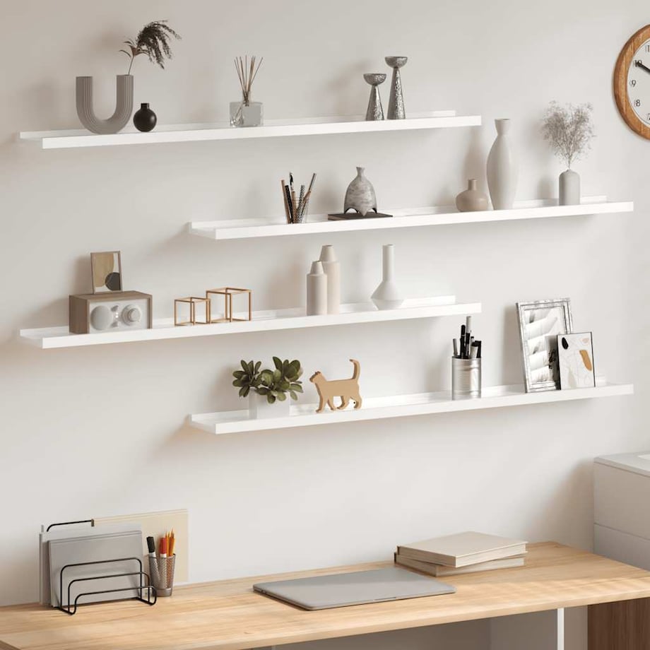 vidaXL Półki ścienne, 4 szt., wysoki połysk, białe, 100x9x3 cm