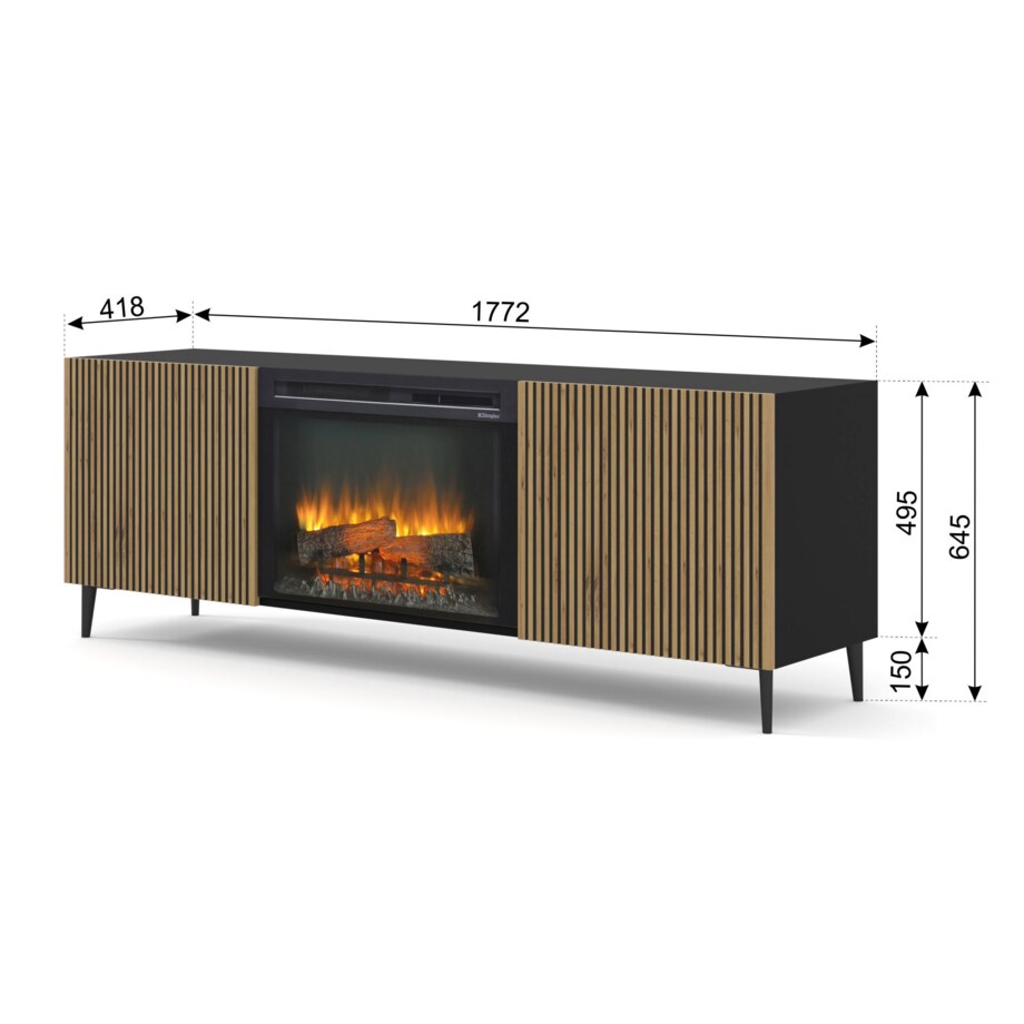 Szafka RTV RAVENNA F 177 cm z kominkiem 2D czarny // czarny artisan