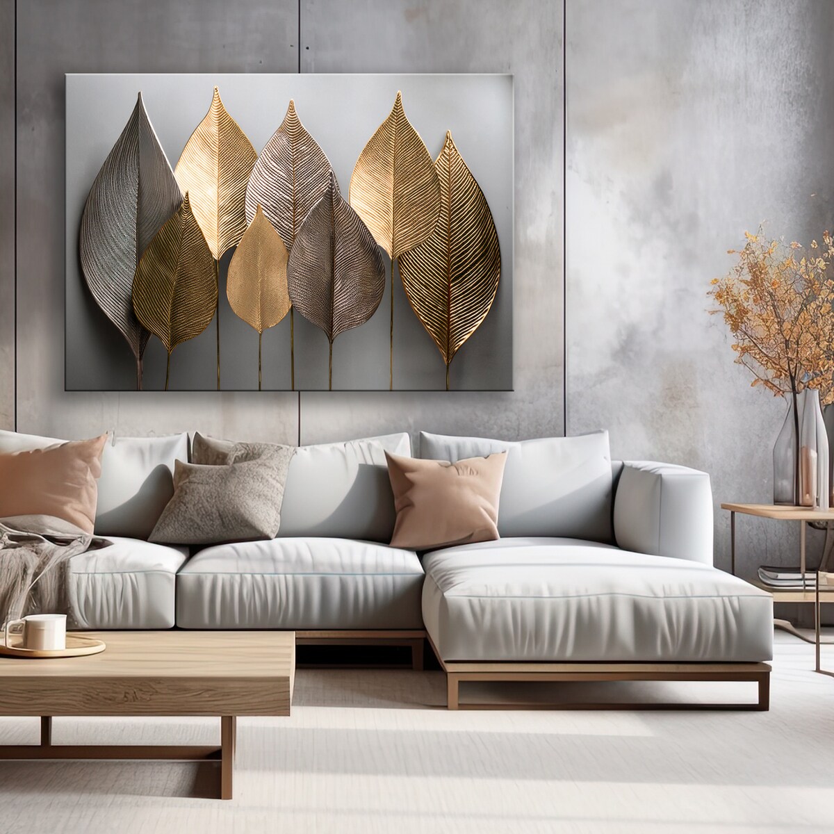 Obrazy do salonu loft hotelu Minimalistyczne Złote Liście Abstrakcja 100x70