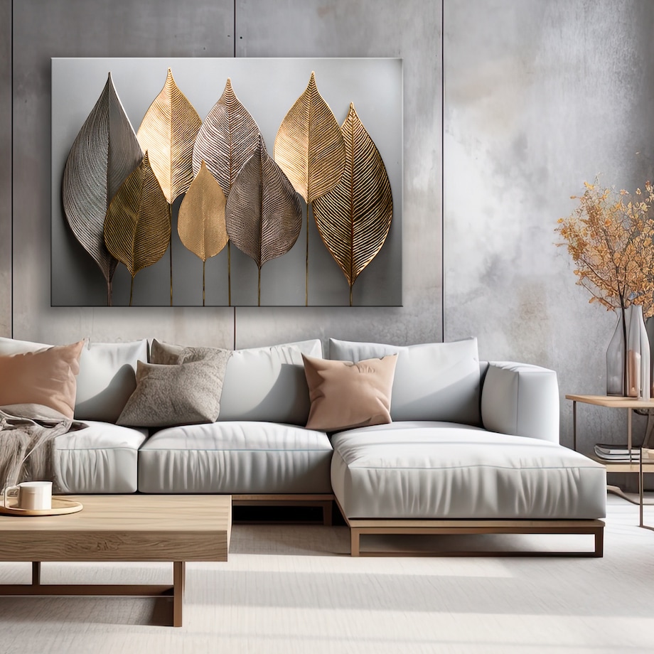 Obrazy do salonu loft hotelu Minimalistyczne Złote Liście Abstrakcja 100x70