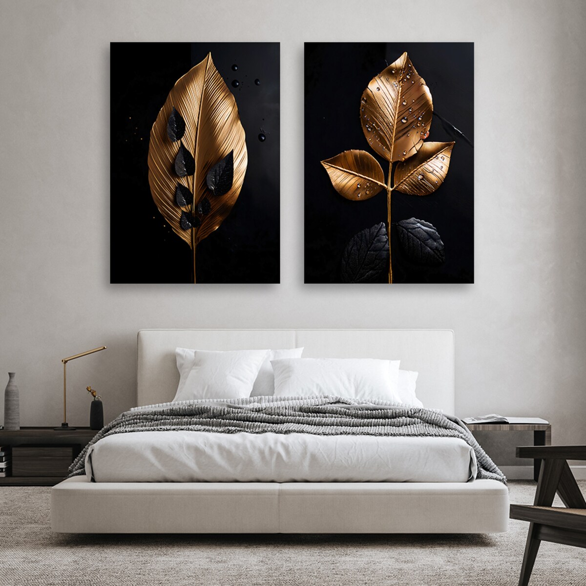 Feeby Zestaw 2 obrazów do salonu sypialni, Złote Liście Glamour Czarny 140x100 (2x70x100)
