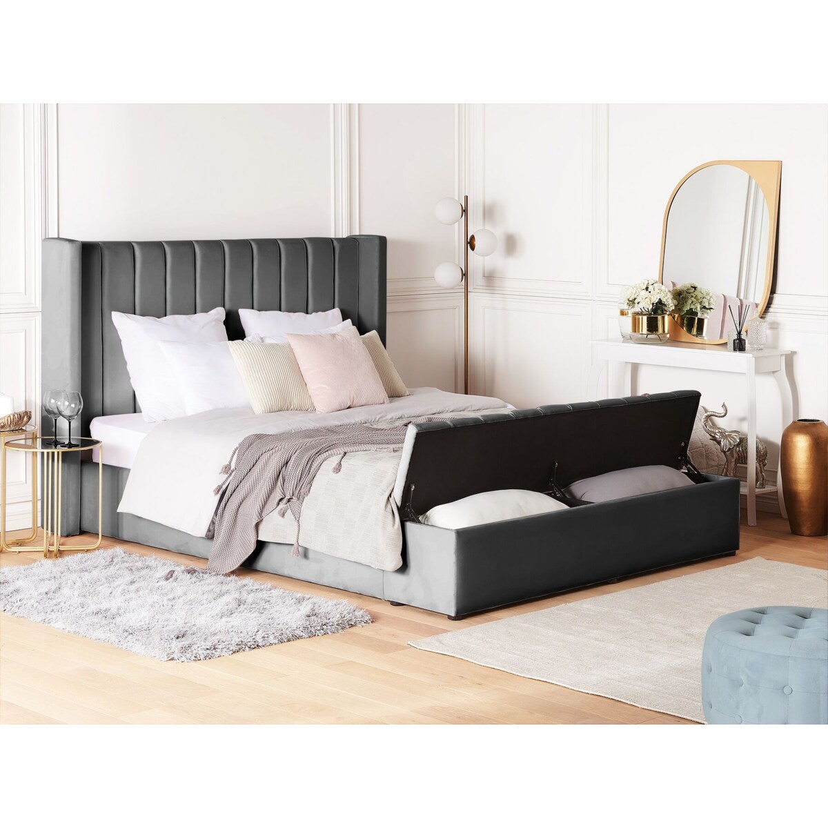 Łóżko welurowe z ławką 180 x 200 cm szare NOYERS