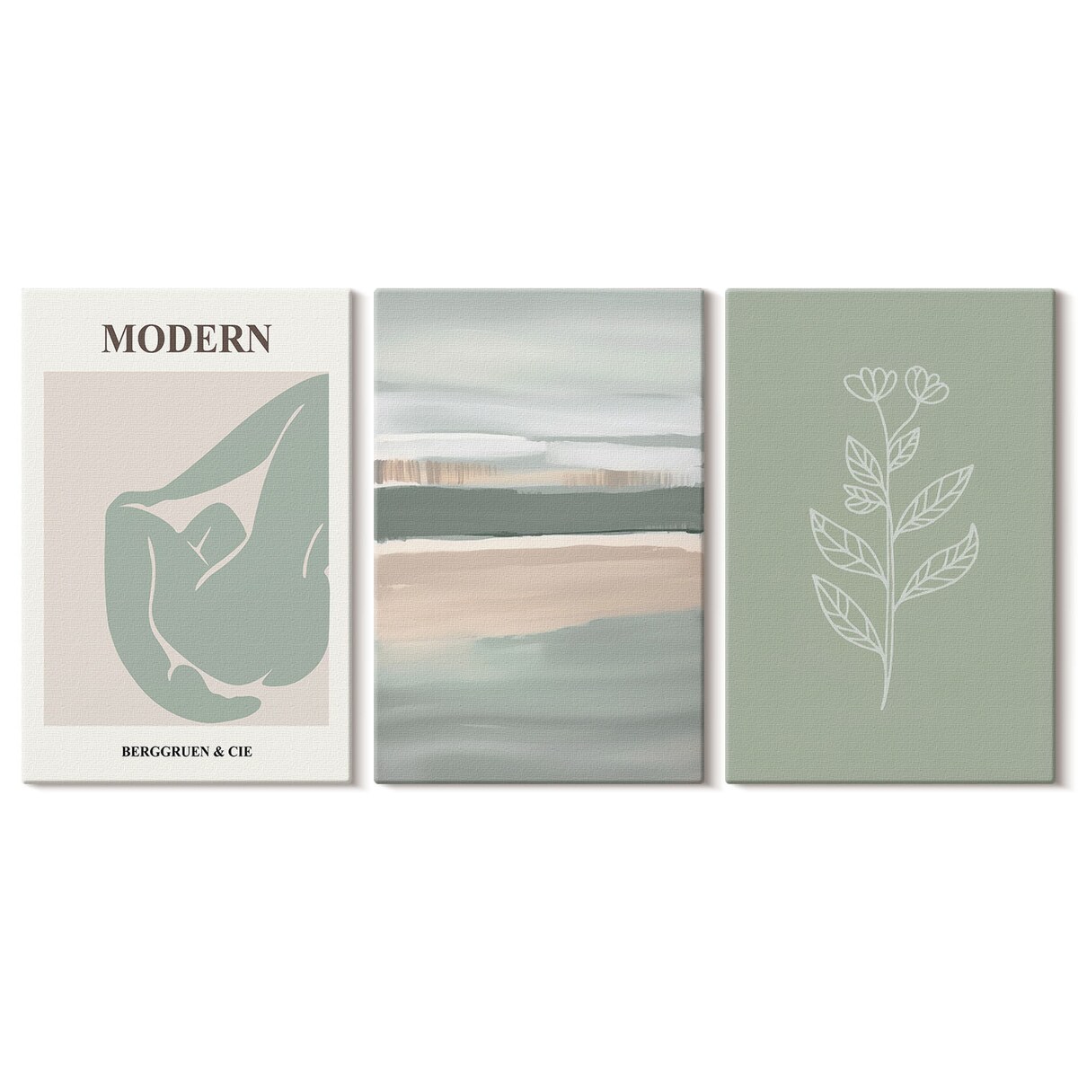 Zestaw 3 dużych obrazów na płótnie - Abstrakcyjne pastelowe kształty roślin - zielony